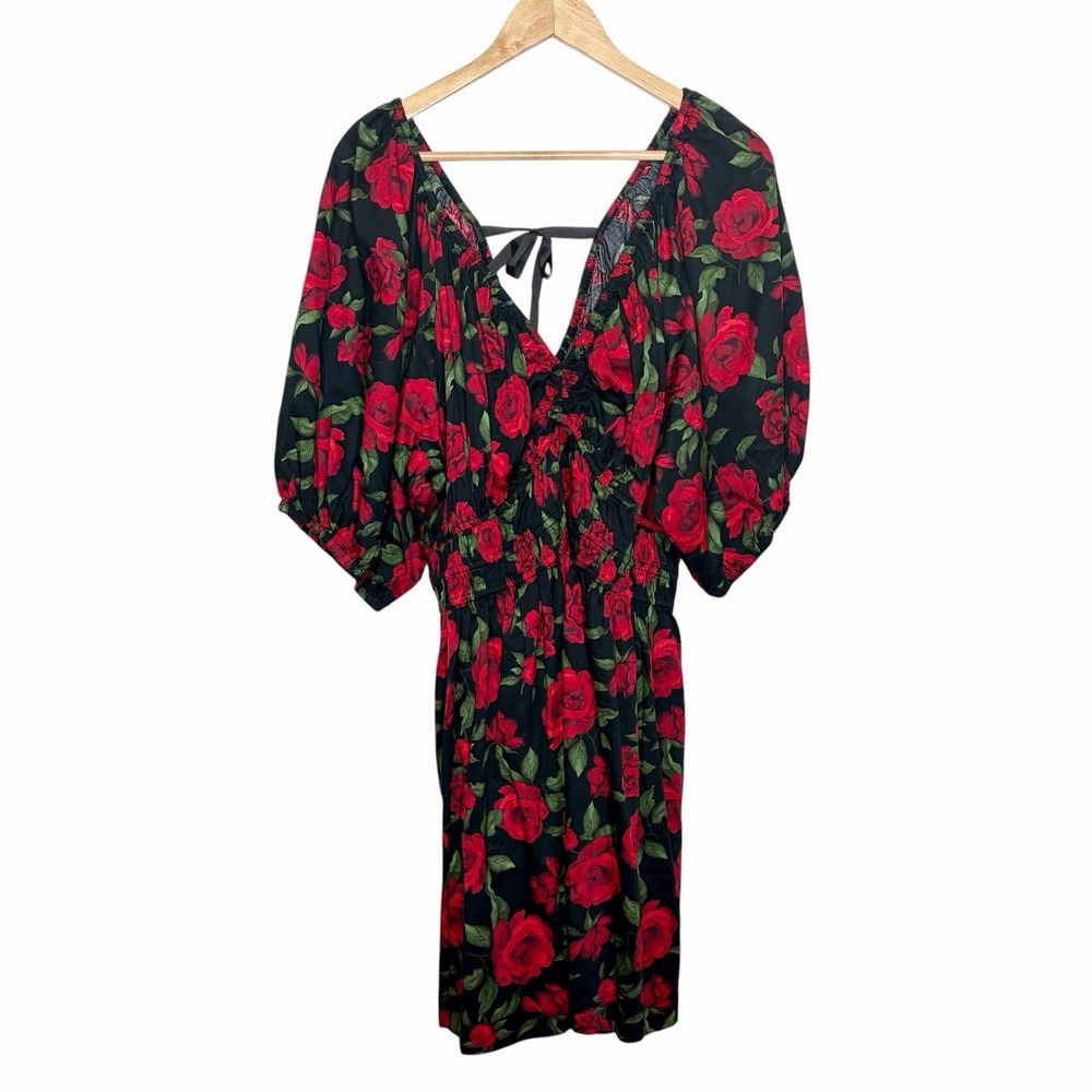 Old Navy Red Rose Smocked Puff Sleeve Dress Womens XL Whimsigoth Dark Romantic